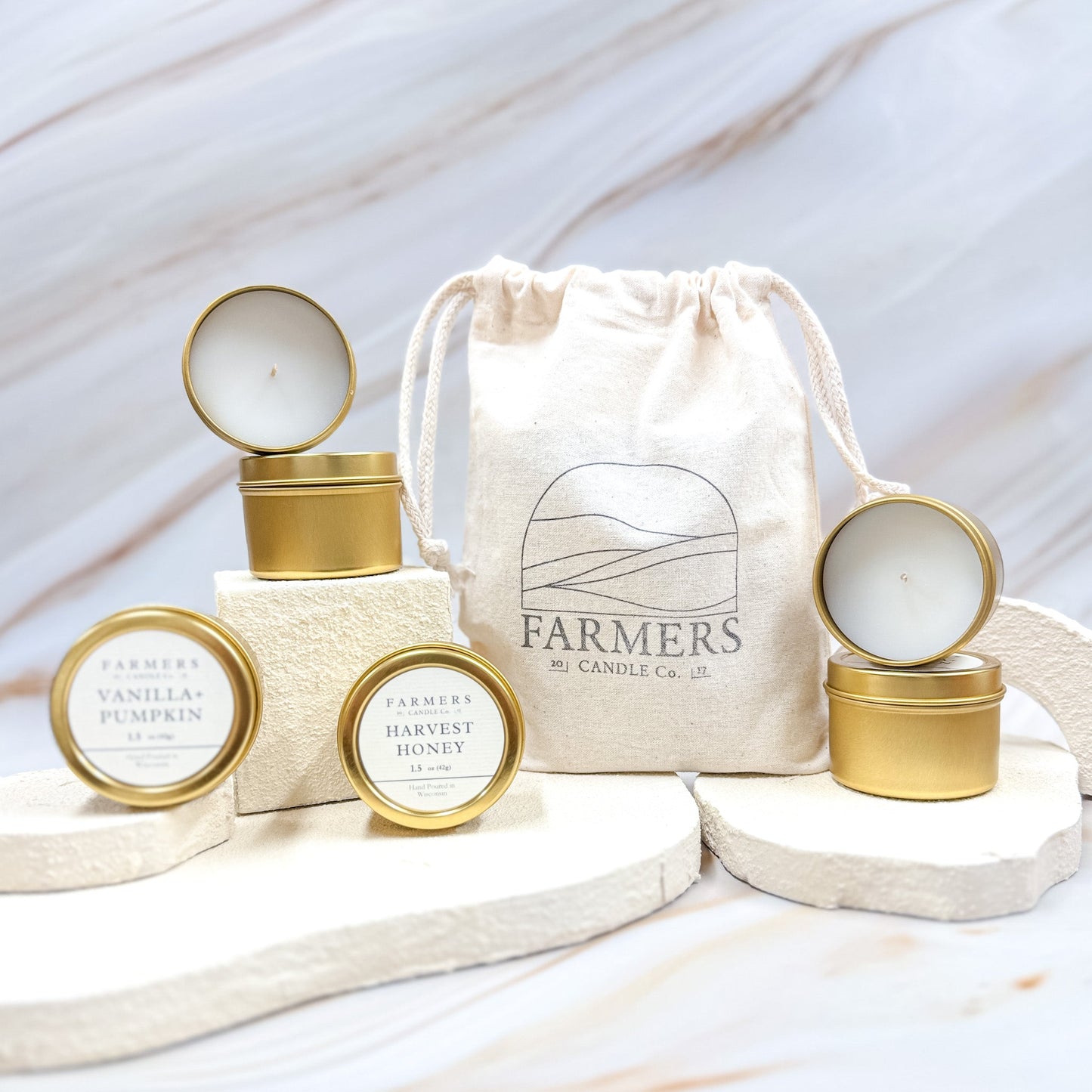 Fall Collection Fragrance Flight featuring six 1.5 oz travel-sized fall scented candles in a cotton drawstring bag
