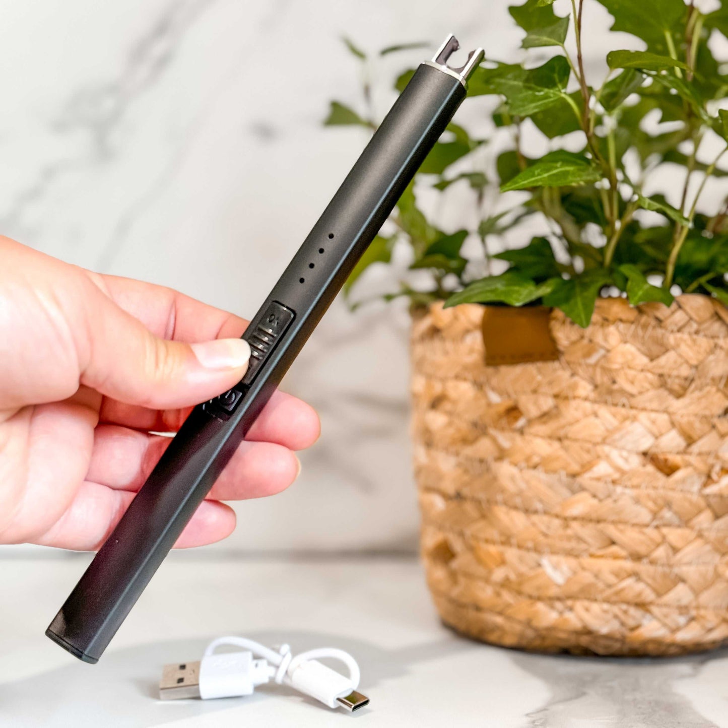 Hand holding black rechargeable electric lighter with USB charging cable and plant in background