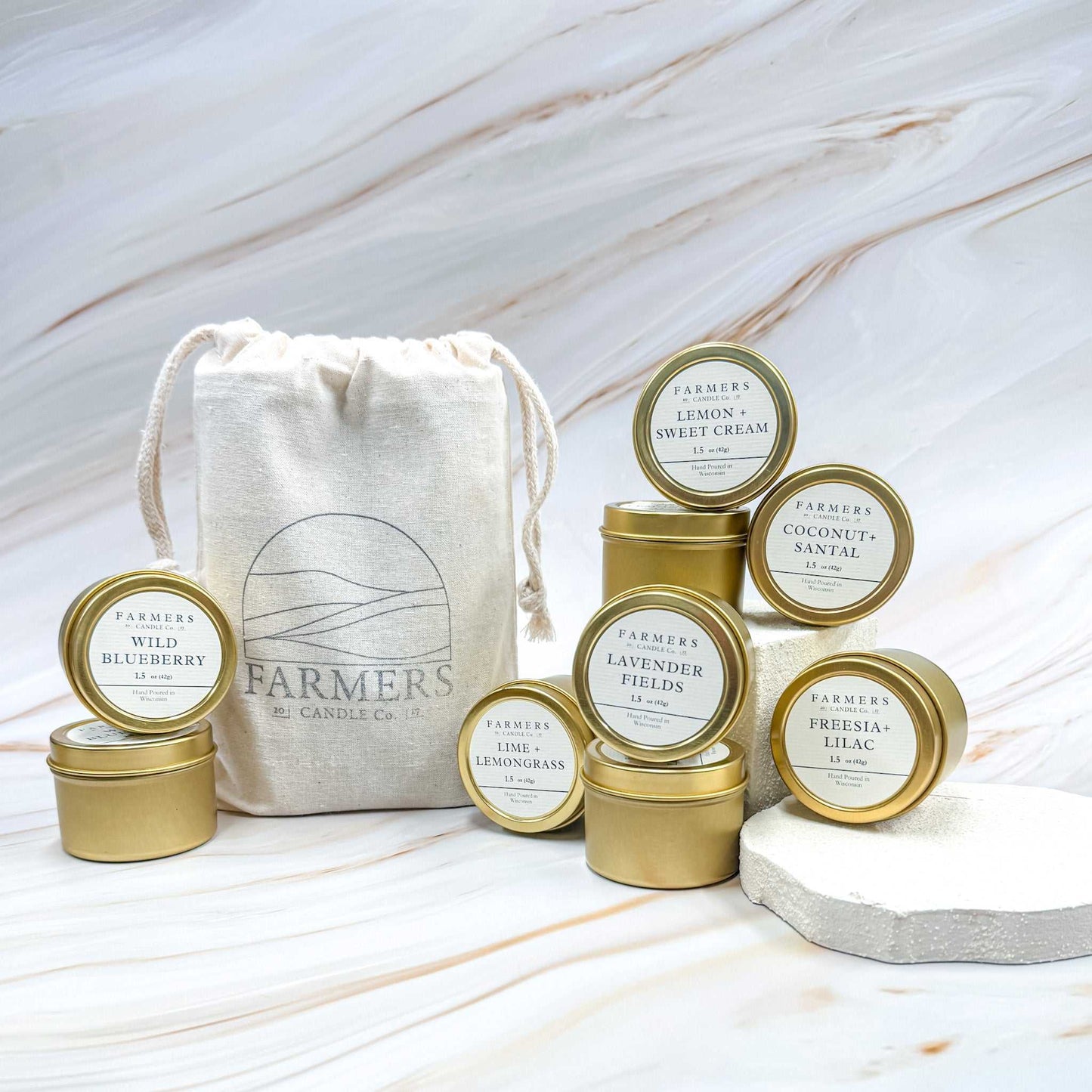 Spring Collection Fragrance Flight travel-sized candles set in cotton bag with eight spring scents